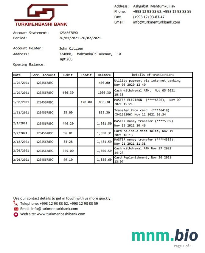 Turkmenistan Turkmenbashi szablon wyciągu bankowego, Word i Format PDF